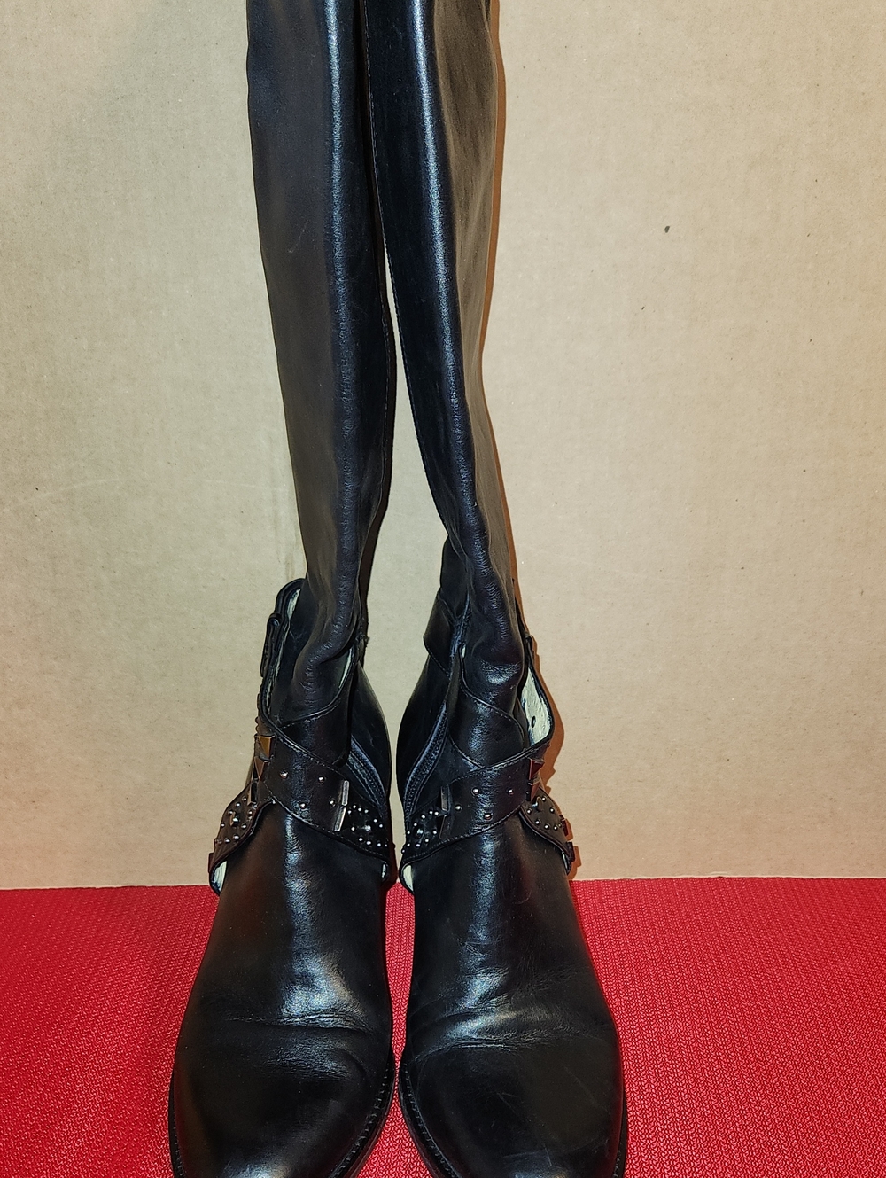 Via Spiga Black Leather Over-the-Knee Boots with Studded Strap